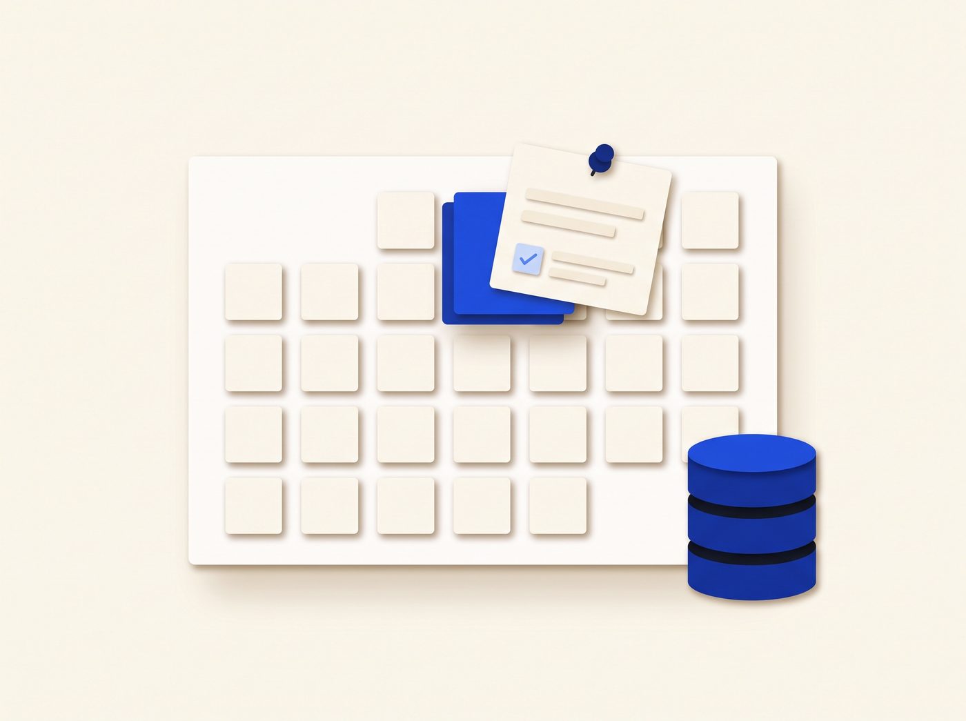 A calendar grid with one day raised in cobalt, a pinned booking card on it and a database cylinder beside it