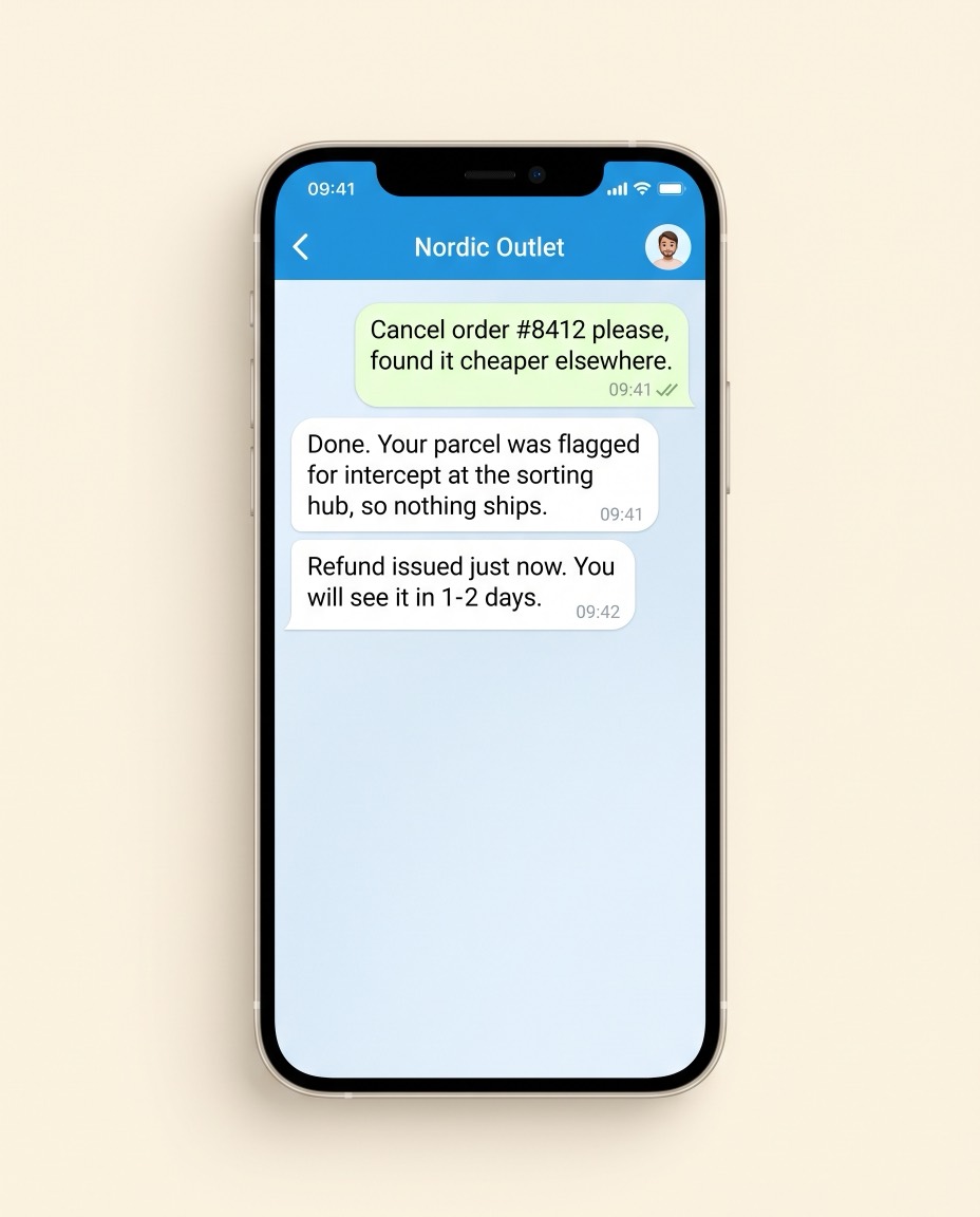 A Telegram conversation where an order is cancelled and the parcel intercepted at the sorting hub