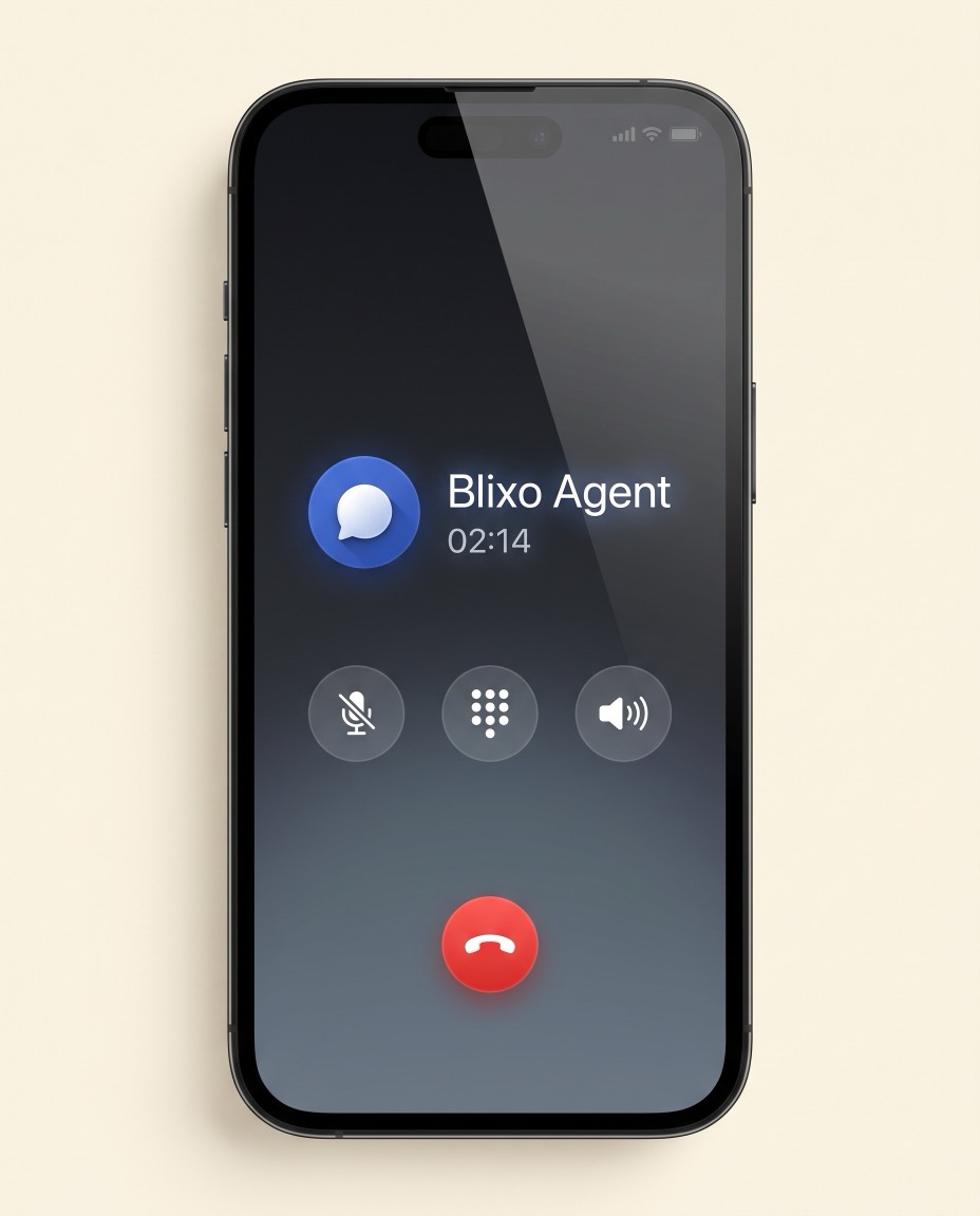 A phone call screen showing an ongoing call with the Blixo agent