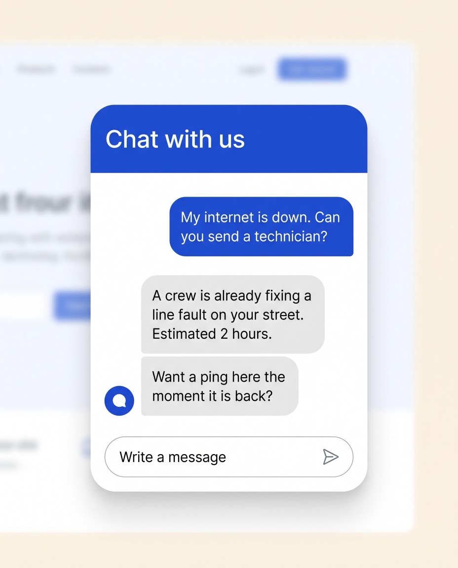 A website chat widget where the agent reports a line fault already being fixed instead of booking a technician