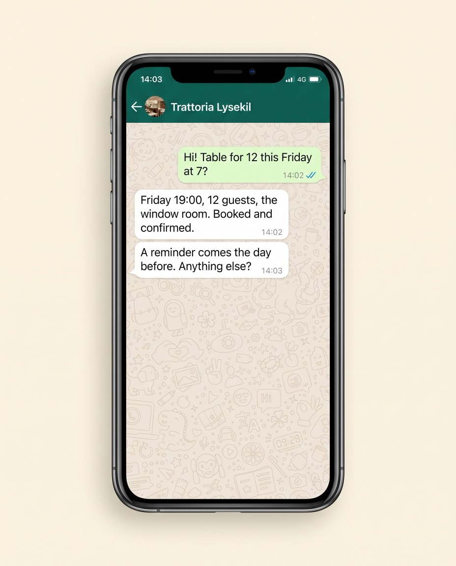 A WhatsApp conversation where a customer books a table for twelve and the agent confirms it
