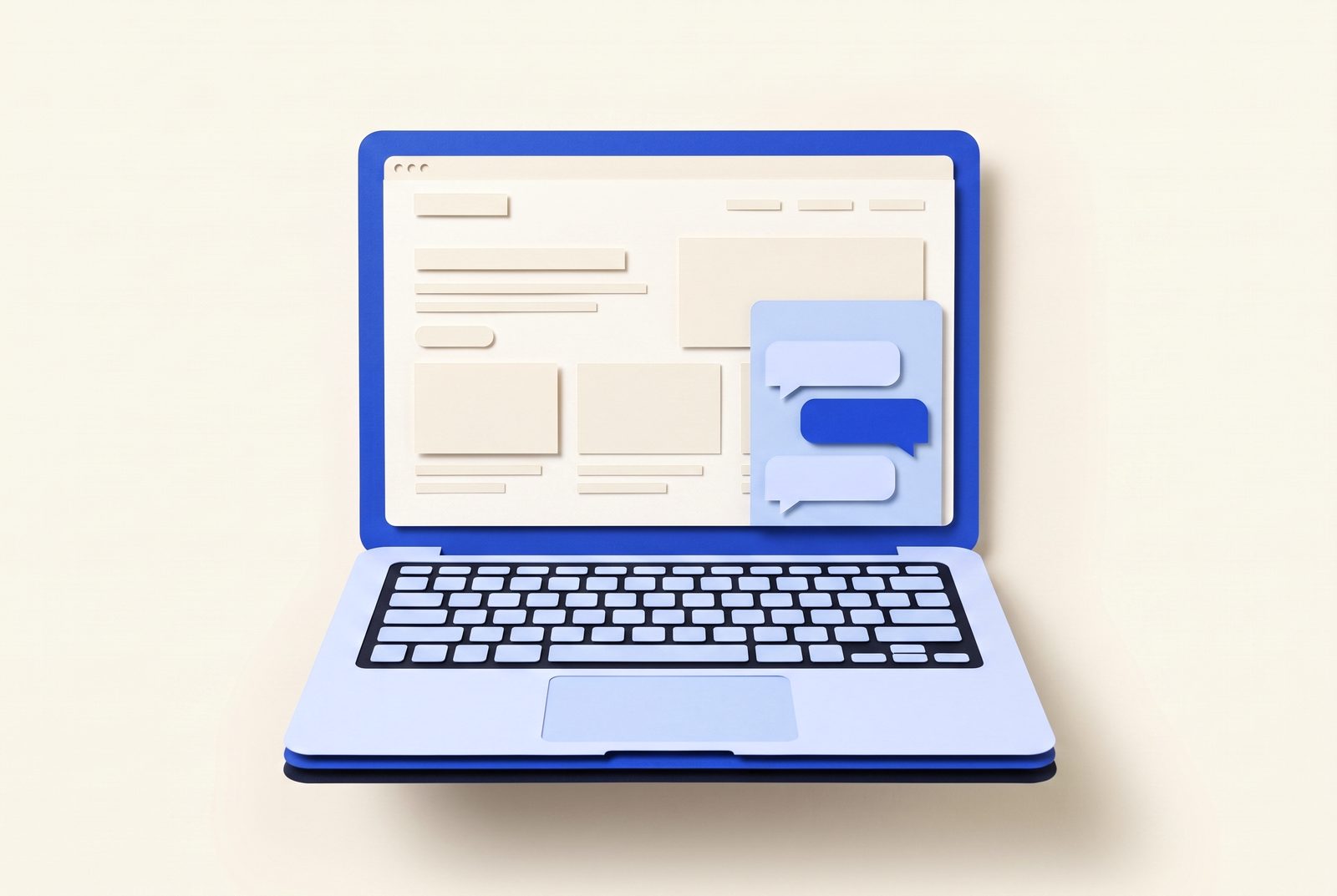 A laptop with a webpage and a chat widget open in the lower right corner