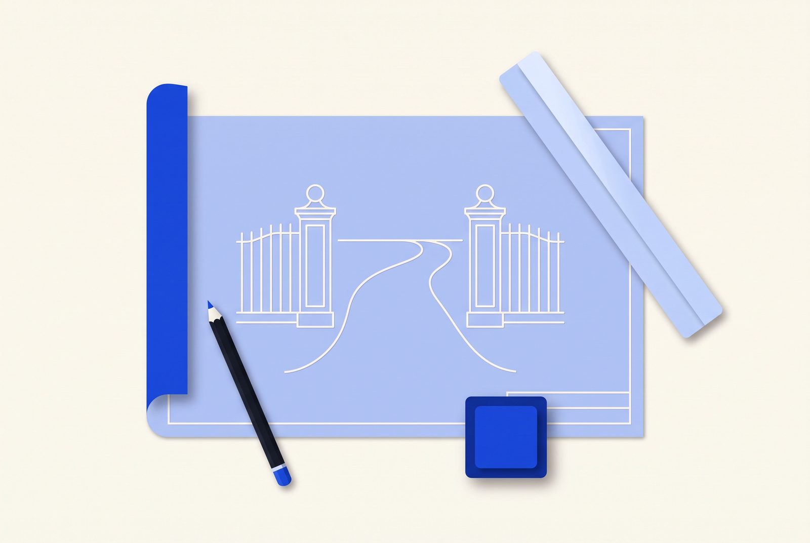 A drafting table with a blueprint of gate pillars, a ruler and a pencil