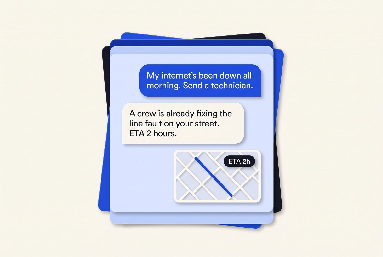 Chat where a customer asks for a technician and the agent answers that a crew is already fixing the street, with a map card showing ETA 2h