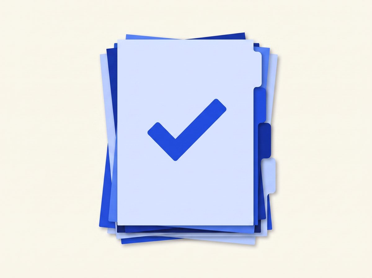 A neat stack of application forms with tab dividers and a check tile