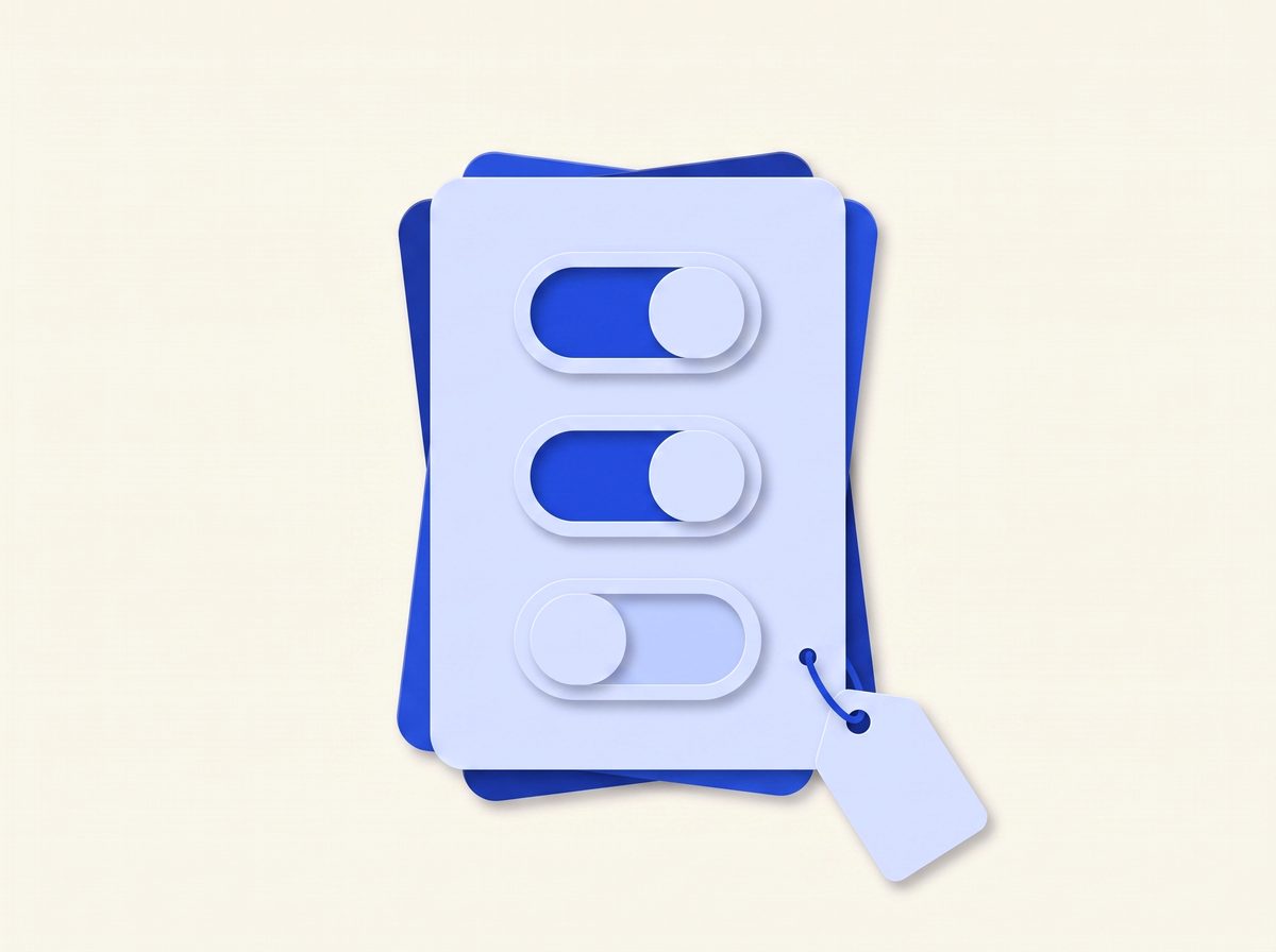 A product configuration card with toggles and a price tag